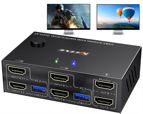 USB 3.0 HDMI KVM Switch 2 Monitors 2 Computers 4K@60Hz 2K@144Hz, EDID Emulator, Camgeet Dual Monitor KVM Switch for 2 Computers Share 2 Displays and 4 USB 3.0 Ports,Wired Remote and Cables Included