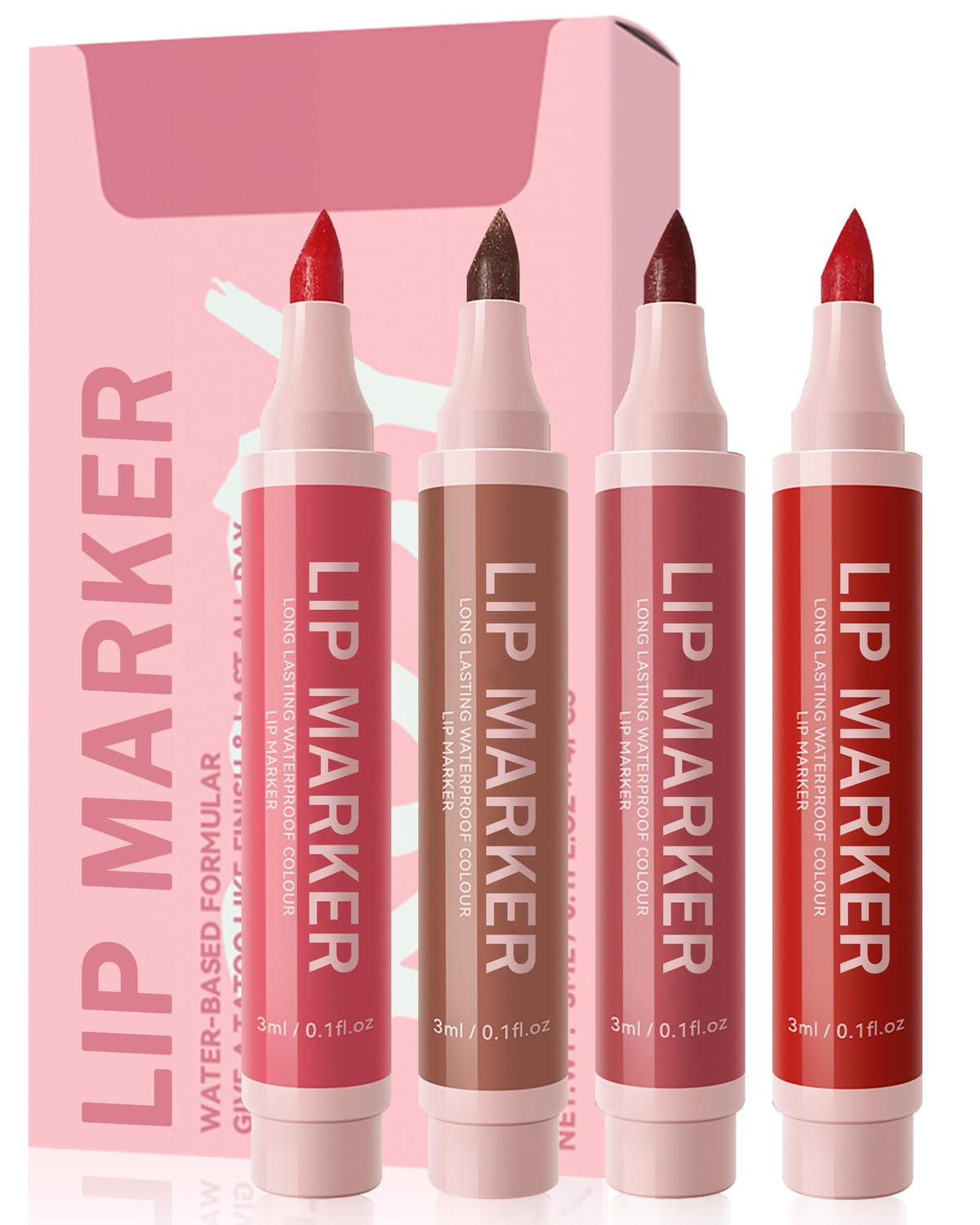 Lip Stain Marker Pen Set-4 Pcs Hydrating Lip Stain Liquid Lip Liner Pencil Kit, Matte Color Look, Longlasting Waterproof Smudgeproof Natural Finish,Precise Chisel Tip Smooth, Makeup Gift for Women