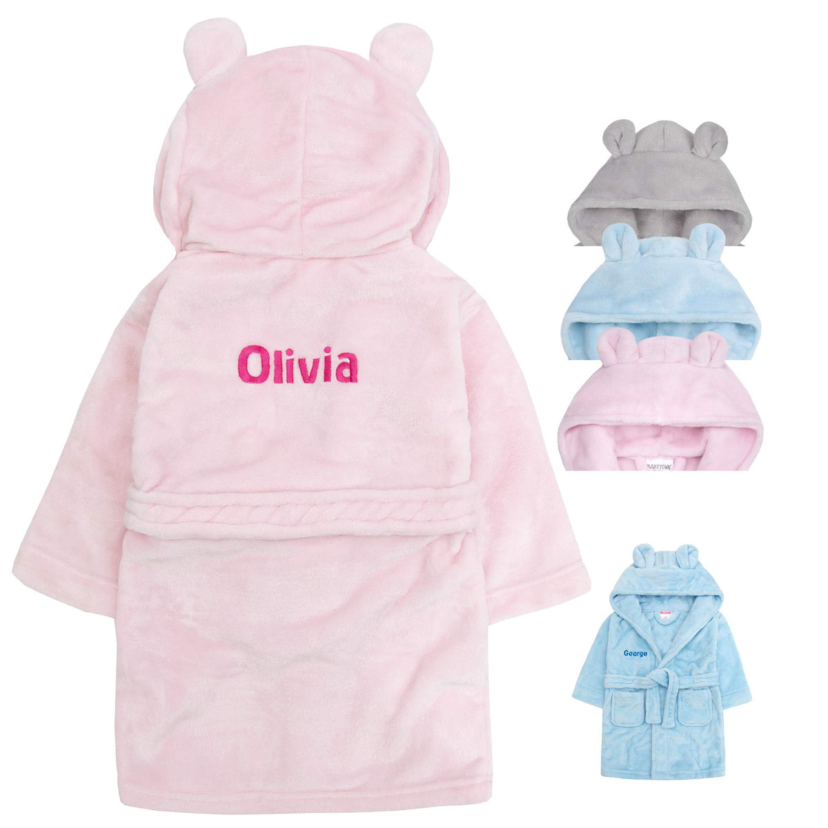 Hoolaroo Personalised Baby Dressing Gown New Born Baby Present Baby Bath Robe With Teddy Ears Embroidered With Name Special Custom Gift Newborn Boy or Girl 1st Birthday Gifts