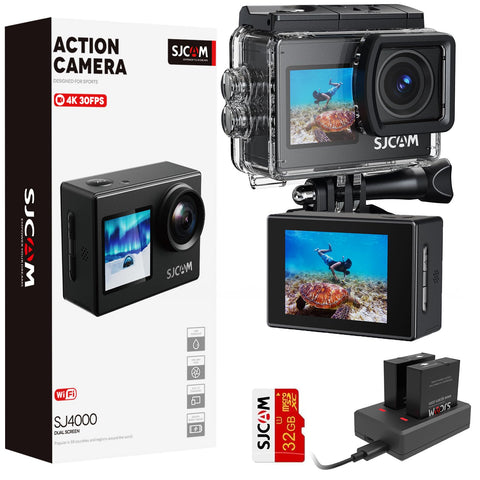 SJCAM Upgraded SJ4000 Action Camera 4K Ultra HD Dual Screen Underwater Camera 98FT Waterproof, 170ÃƒÆ’Ã†â€™ÃƒÂ¢Ã¢â€šÂ¬Ã…Â¡ÃƒÆ’Ã¢â‚¬Å¡Ãƒâ€šÃ‚Â° Wide Angle, Stabilization, 5X Zoom, WiFi Camera with Extra Battery, SD Card, Helmet Accessory Kit