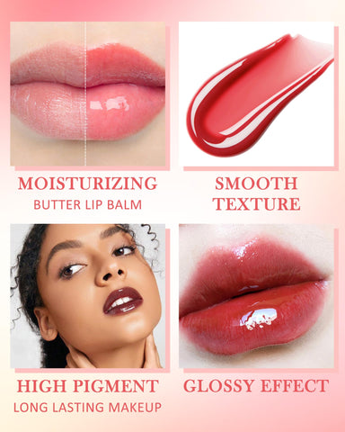 Tinted Lip Butter Balm-3 Colors Vanilla Beige Brown Pink Sugar Glossier Lip Gloss,Clear Jelly Yummy Tint Lip Stain Balm,Long Lasting Hydrating Non-Sticky Glow Reviver Fat Lip Care Oil for Women-Set A