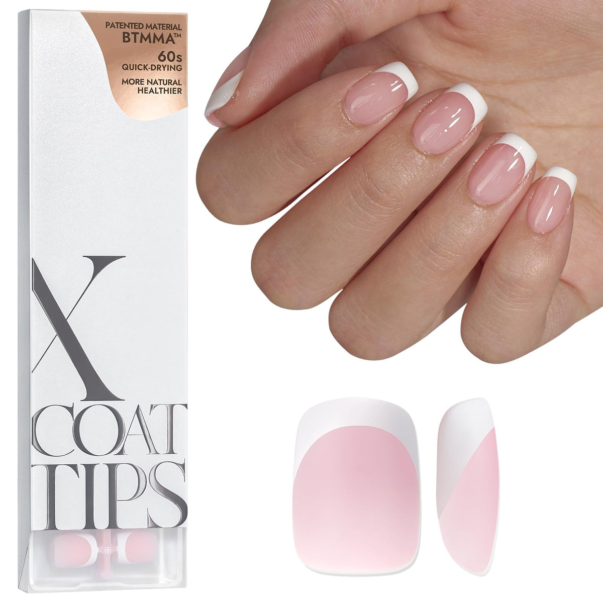 BTArtboxnails French Gel Nail Tips - French Tip Press on Nails Pink Extra Short Square XCOATTIPS Pre-applied Tip Primer & Base Coat, No Need to File Fake Nails for Nail Art DIY