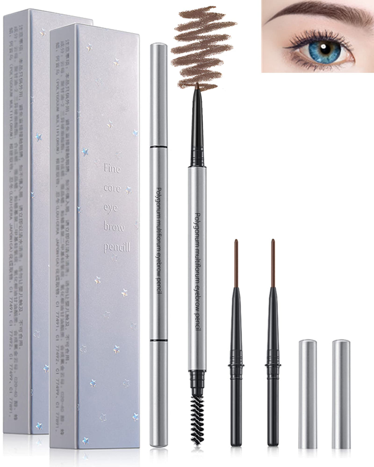 Eyebrow Pencil with Spoolie Brush- 4Pcs Professional Micro 1.5mm Tip Brow Pencil with Dual Ends Kit, Longwearing Waterproof Sweat-proof Eye Brow Pencil, Eyebrow Makeup Pencil for Women-05 Dark Brown