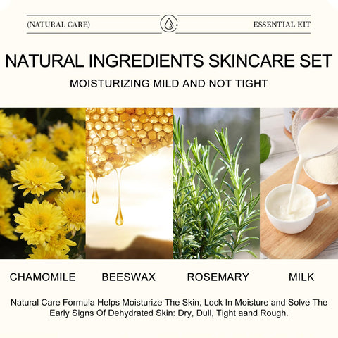 Natural Essence Skin Care Set, Korean Facial Skin Care Essential for Daily Moisturizing, Skin Care Products for Teen Girls, 5 Step Daily Routine: Lotion, Foot Cream, Cleanser, Lip Balm, Hand Salve