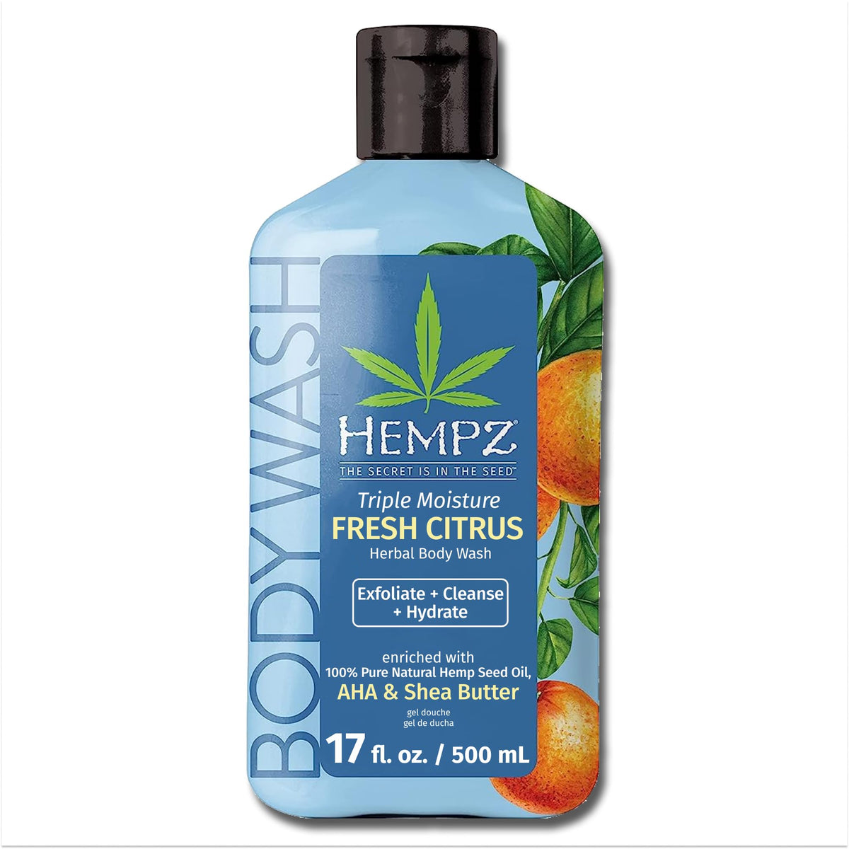 Hempz Triple Moisture Body Wash - Grapefruit & Peach - Hydrating for Sensitive Skin, Scented, Exfoliating with Shea Butter, Pure Hemp Seed Oil, and Algae for Sensitive Skin - 17 fl oz