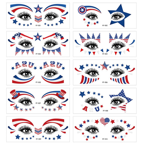 Fourth of July Decorations Face Eye Tattoos USA Flag Star Temporary Tattoos Patriotic Independence Day Temporary Tattoo Stickers Red White and Blue Party Supplies American theme Party Favors 10 Sheets