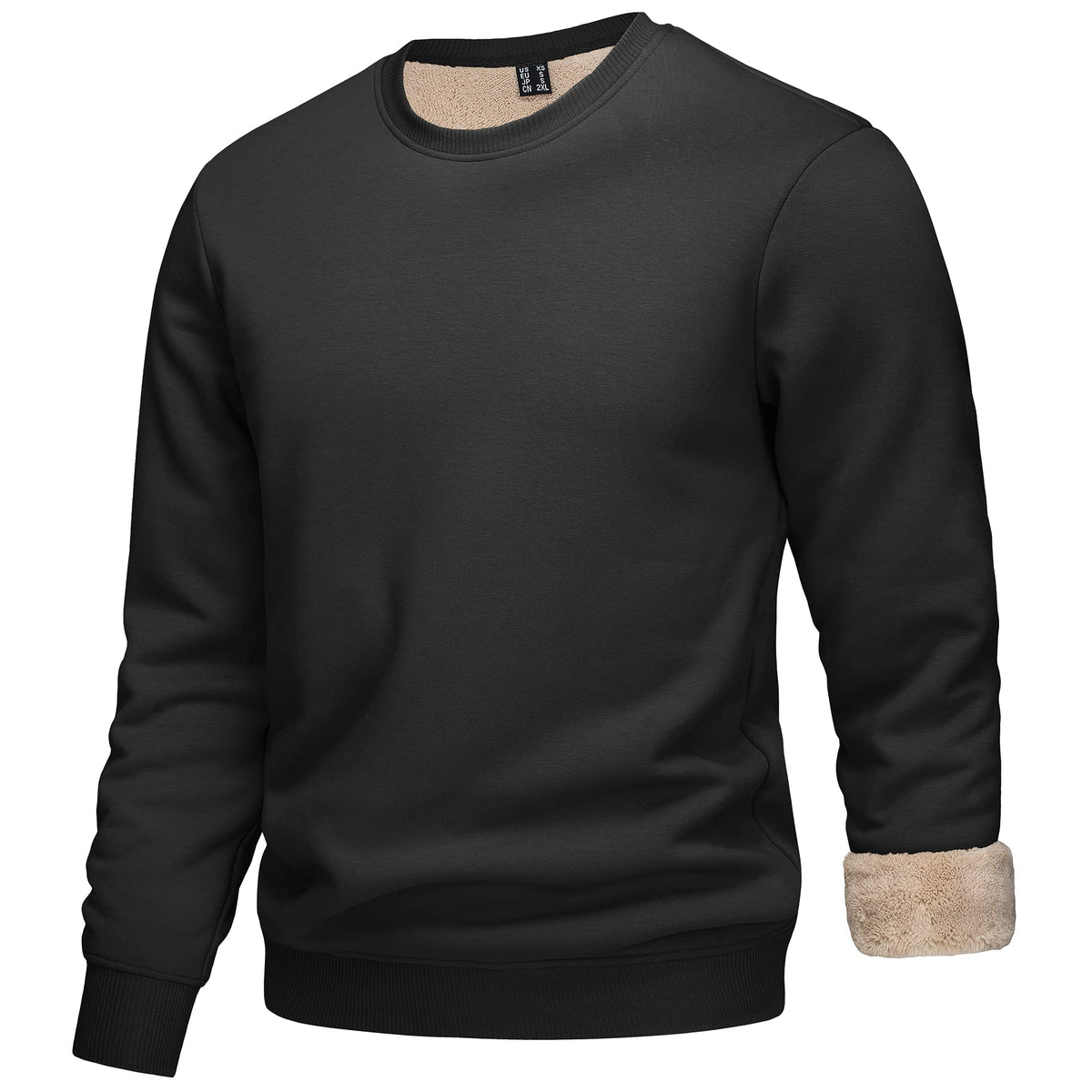 KEFITEVD Mens Sherpa Lined Sweatshirt Winter Warm Sweater Casual Fleece Jumper Crew Neck Pullover Sweatshirt,Black,M