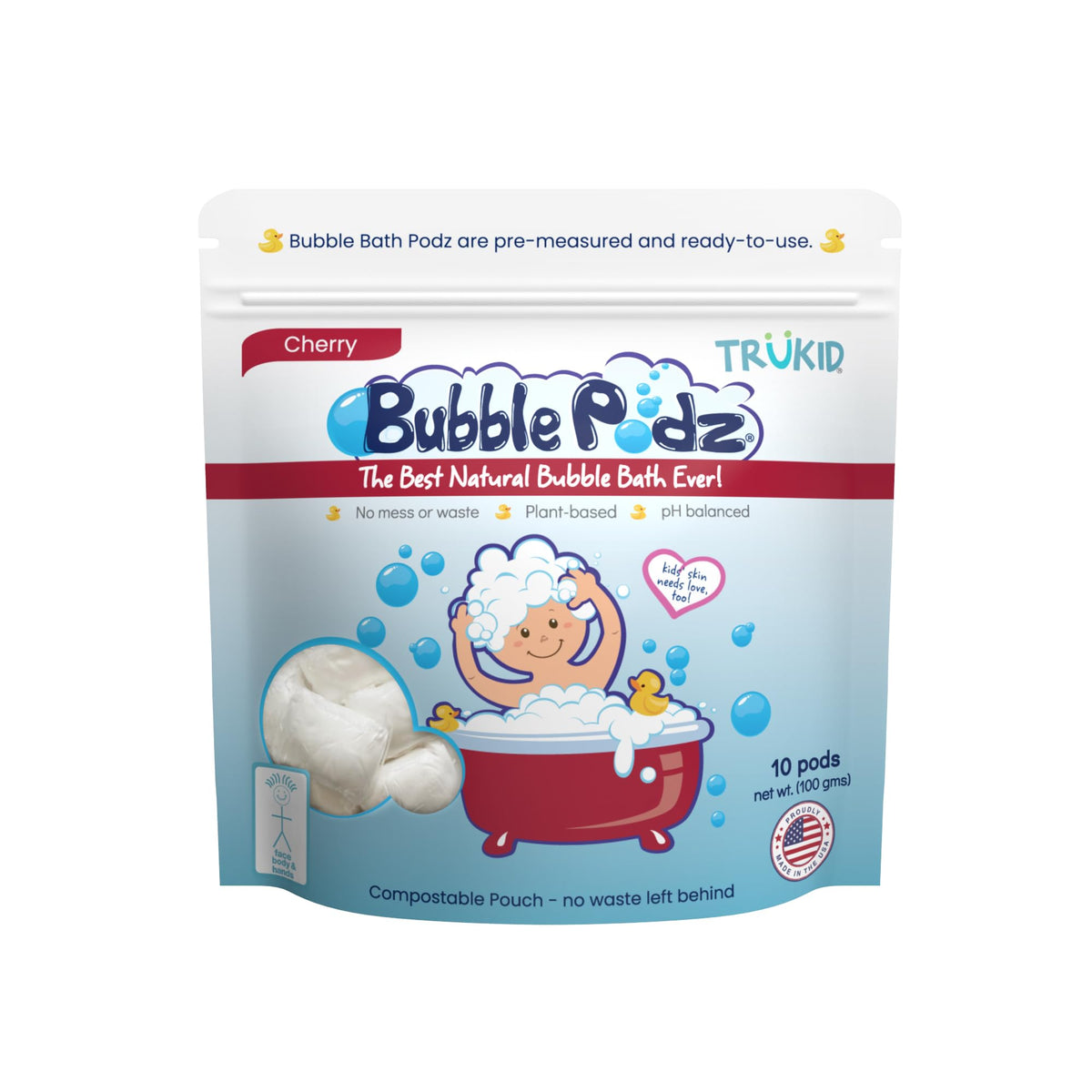 TruKid Bubble Podz Bubble Bath for Baby & Kids, Gentle Refreshing Bath Bomb for Sensitive Skin, pH Balance 7 for Eye Sensitivity, Natural Moisturizers and Ingredients, Cherry (10 Podz)