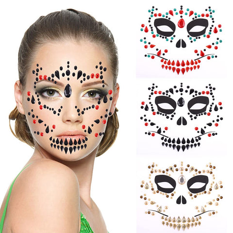 Halloween Face Rhinestone Jewelry Sticker Ghost Face Gem Sticker 3D Crystal Sticker Face Glitter Tattoo Body Art Decoration Fake Skull Teeth Gems for Carnival Masquerade Christmas Makeup 3 Sheets