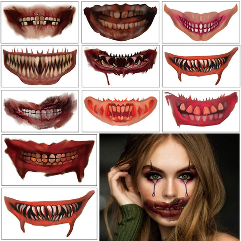 Halloween Temporary Tattoos,Halloween Clown Horror Mouth Stickers Face Decals,Waterproof Cartoon Fake Tattoos, Body Makeup Prank Props for Halloween Party Favor Cosplay Party Decorations Kids Adults