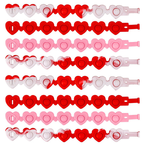 12pcs Valentine Heart-shaped Rubber Wristbands, Valentine's Day Pink Silicone Bracelets Red Sensory Wristband Pop Fidget Bracelet for Kids Students Party Favors Classroom Gift Exchange