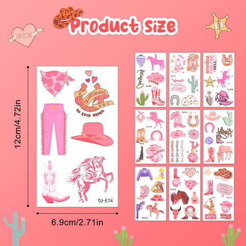 10 Sheets Pink Cowgirl Temporary Tattoos, 65 Patterns Retro Pink Bachelorette Temporary Tattoos Rodeo Temporary Tattoos Bach Party Favors Birthday Party Tattoos for Girl