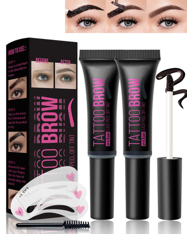 Peel Off Tattoo Eyebrow Gel-2Pcs Brown Tattoo Peel Off Eyebrow Gel Tinted, Long Lasting Waterproof Transfer-proof Tattoo Brow Peel Off Tinted Gel Brow Last Up to 3 Days, with Brow Stencil & Brush-02#