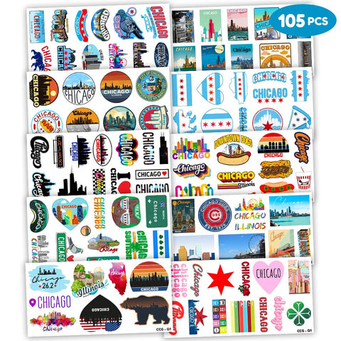 105 PCS Chicago City Skyline Flag Stickers Temporary Tattoos Stickers Birthday Party Decorations Supplies Favors Decor Cute Illinois Tattoo Sticker Gifts for Kids Boys Girls School Prizes Carnival