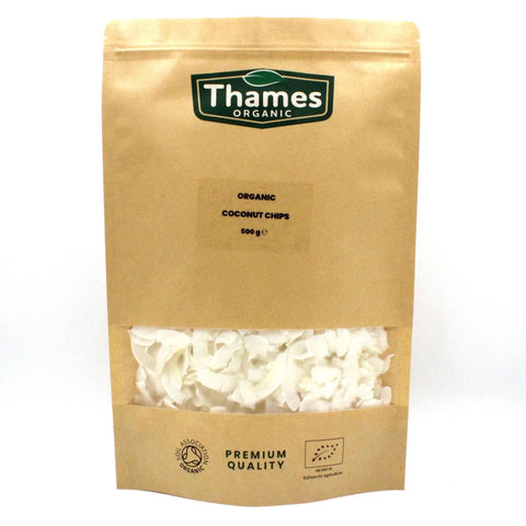 Organic Coconut Chips - Unsweetened, High Fibre, Raw, Vegan, GMO-Free, Certified Organic - No Additives or Preservatives - Nutritious and Delicious, Perfect Snack - Thames Organic 500g