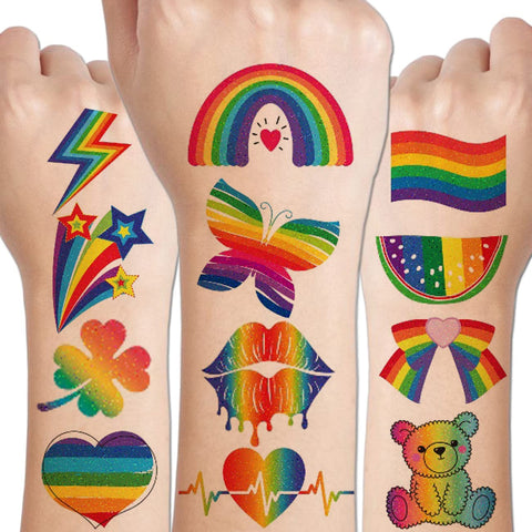 CHARLENT Glitter Rainbow Temporary Tattoos - 140 PCS Glitter Pride Tattoos Butterfly Heart Rainbow Tattoos for Pride Party Favors