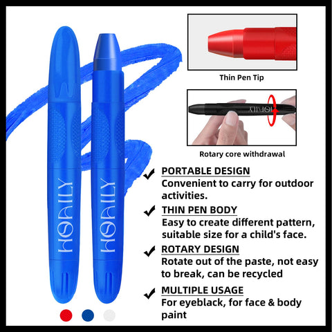 HOSAILY 3Pcs Eye Black Stick for Sports, Easy to Color Face Body Paint Eye Black for Baseball Softball Football Lacrosse, Halloween Costume Cosplay Parties Face Eye Paint Makeup Stick (Blue+Red+White)