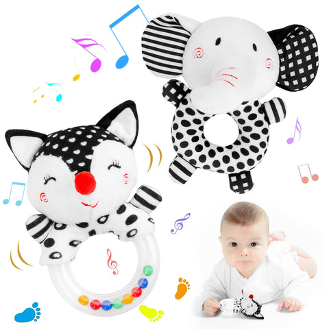 Baby Rattles Toys for 0-6 Months: Black and White Sensory Toys Newborn Plush Toy Elephant Soft Rattle with Teething Ring for 0 3 6 9 12 Month Infant Boys Girls Shower Gift (Elephant/Fox)