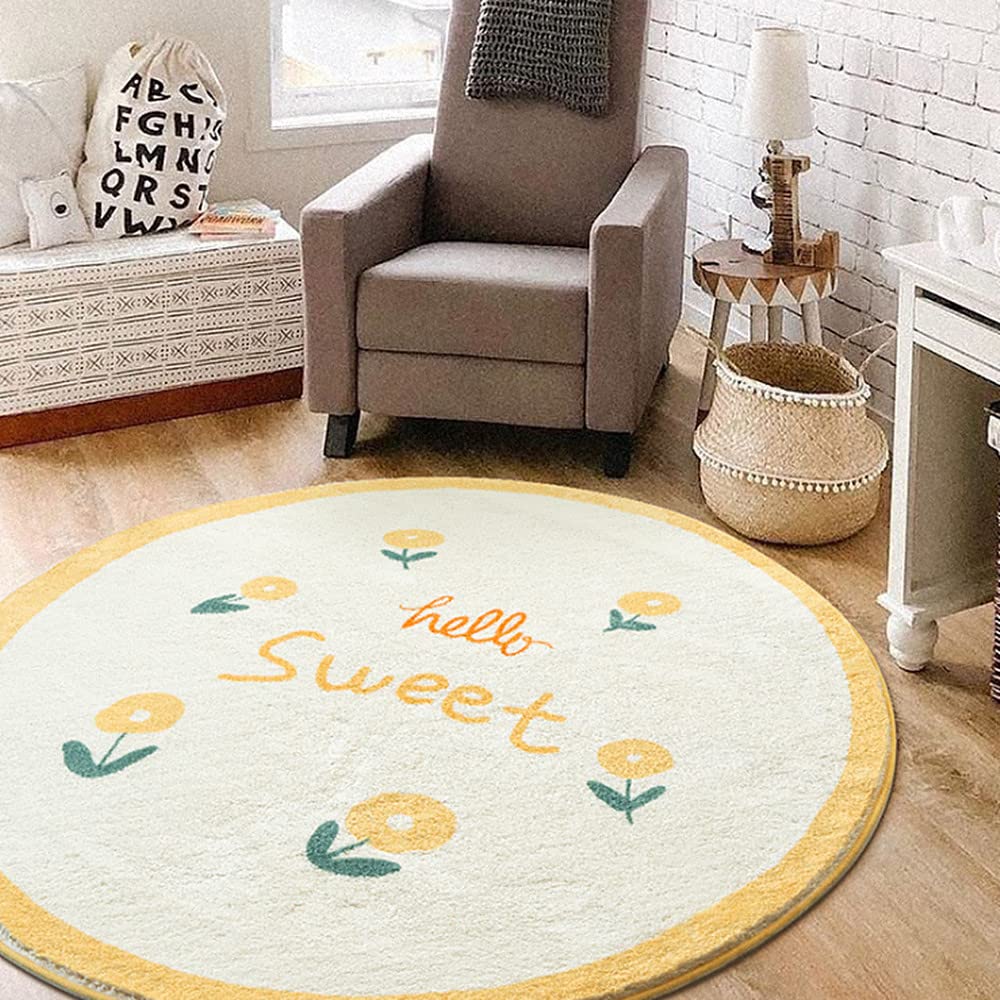 Poowe Round Kids Playroom Rug - Soft Alphabet Nursery Rug for Bedroom - Playtime Collection, Learning & Game Carpet for Classroom, Best Shower Gift for Infant Toddlers (Round 47.2", Flower-Sweet)