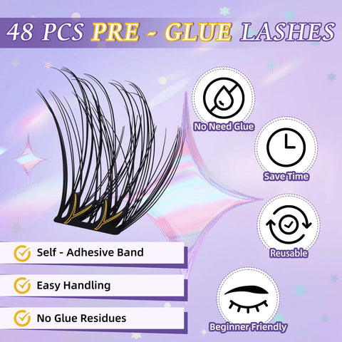 B&Q Self Adhesive Eyelashes 48 PCS Reusable Adhesive Eyelashes Pre-Glued Cluster Lashes D Curl No Glue Eyelashes 10-16mm with Lash Tweezers 1 Step DIY Lash Self Stick Easy to Apply (SA01-D,10-16mm)