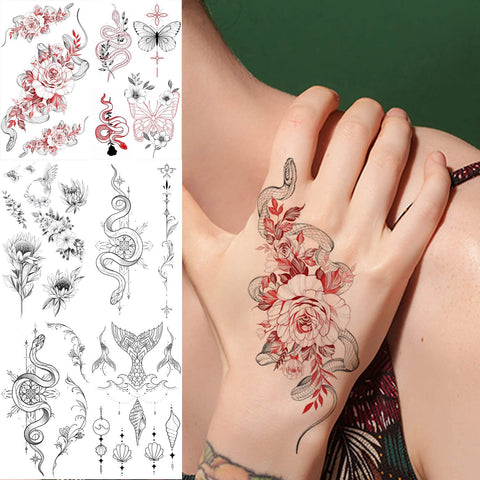 21 Sheets Black Tiny Temporary Tattoo, Hands Face Tattoo Sticker for Men Women, Mermaid Snake Flower Floral Designs Body Art on Arm Neck Shoulder Clavicle Waterproof