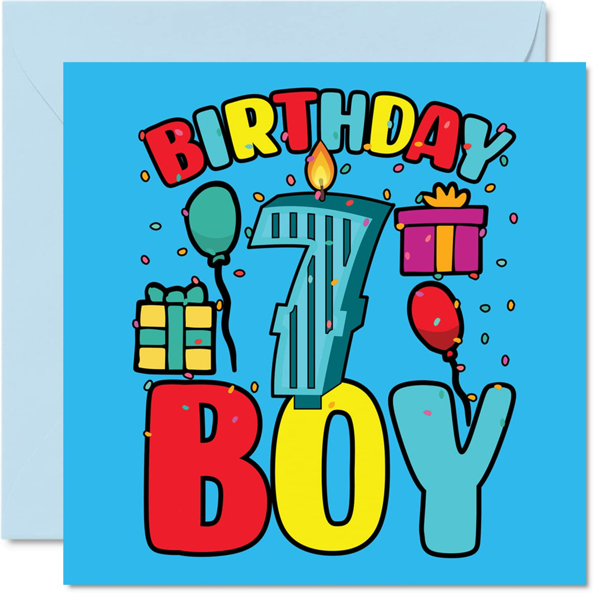 7th Birthday Card Boy - Birthday Boy - Happy Birthday Card 7 Year Old Boy, Boys Birthday Cards for Him, 5.7 x 5.7 Inch Greeting Card for Son Brother Grandson Nephew Cousin God Son, Seventh Birthday