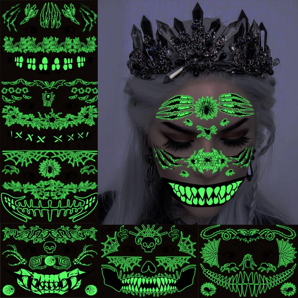 10 Sheets Halloween Glow In The Dark Tattoos Face Luminous Temporary Tattoo Waterproof Last Long Glitter Tattoos Stickers Scary Zombie Makeup Kit For Kids Women Girls Boys Adults Party Supplies