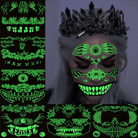 10 Sheets Halloween Glow In The Dark Tattoos Face Luminous Temporary Tattoo Waterproof Last Long Glitter Tattoos Stickers Scary Zombie Makeup Kit For Kids Women Girls Boys Adults Party Supplies