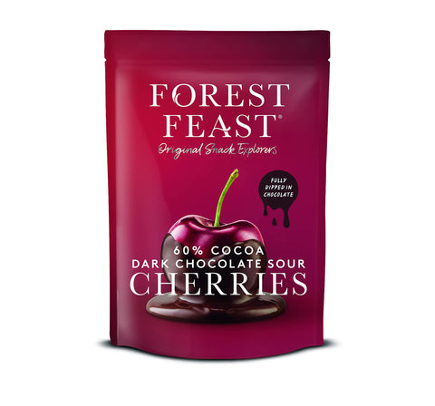 FOREST FEAST 60% Cocoa Dark Chocolate Sour Cherries 6 x 120g | Sweet Dried Cherries Chocolate Covered Fruit Snack with 60% Belgian Dark Chocolate, Gluten Free & Vegan Snack