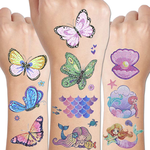 CHARLENT 24 Sheets Glitter Butterfly & Mermaid Tattoos for Girls - 240 Pcs Glitter Butterfly Mermaid Temporary Tattoos for Girls Birthday Party Favors Goodie Bag Fillers