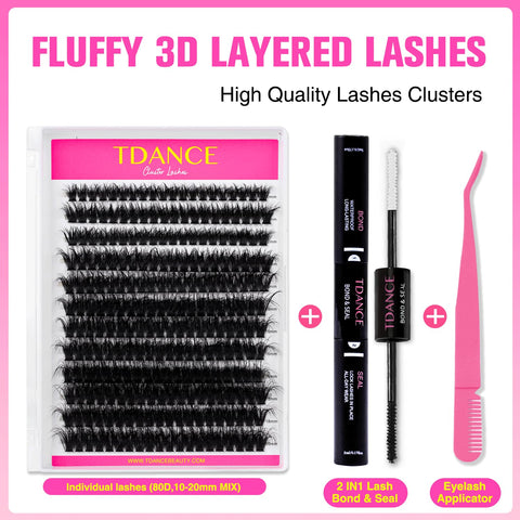 Eyelash Extension Kit Fluffy Lash Extension Kit D Curl Lash Clusters Kit Thick Volume Individual Lashes DIY Lash Extension Kit with Lash Bond and Seal Lash Tweezers by TDANCE(80D KIT,10-20mm)