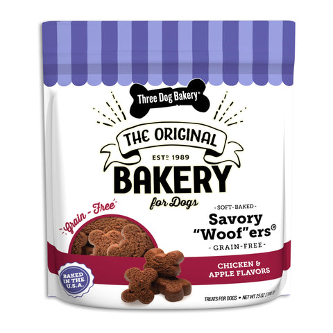 Three Dog Bakery Soft Baked Grain Free Meaty Woofers, Chicken and Apple Flavor, Premium Treats for Dogs, Brown, 25 oz.