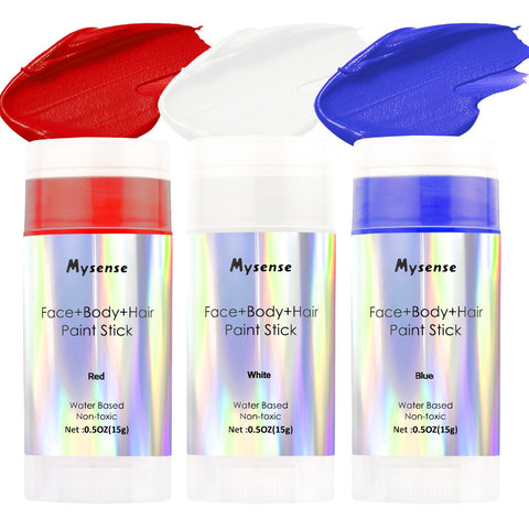 Mysense Red White and Blue Clown Face Body Paint Stick,Water Based Temporary Hair Color,Patriotic USA Flag Pride Face Paint for Memorial Day,4th of July,Halloween SFX Cosplay Joker Makeup,0.5oz/pc