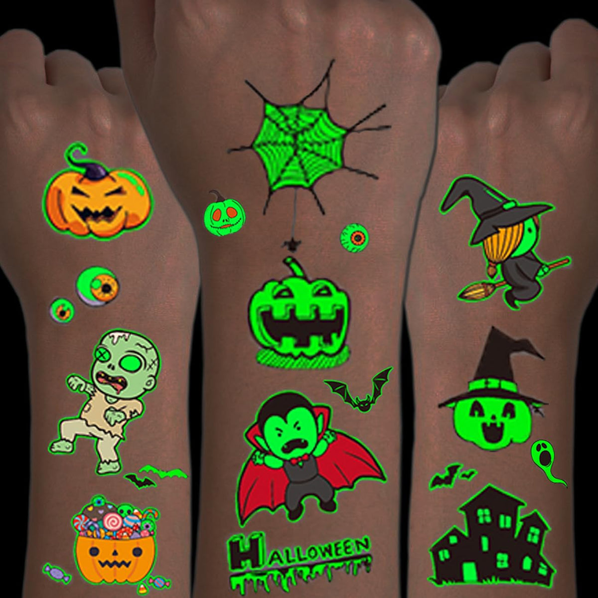 CHARLENT Luminous Halloween Temporary Tattoos for Kids Party Supplies - 120 Styles Glow in The Dark Halloween Pumpkin Skeletons Tattoos for Boys Girls Halloween Party Favors Treats Goodie Bag Fillers