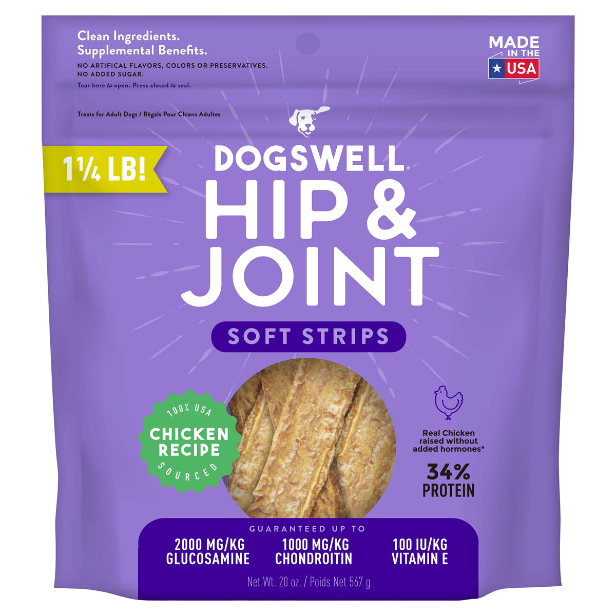 DOGSWELL Hip & Joint Dog Treats 100% Meaty, Grain Free, Glucosamine Chondroitin & Omega 3, Chicken Soft Strips 20 oz