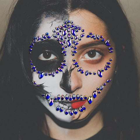 Day Of The Dead Skull Temporary Rhinestone Face Tattoo Sugar Skull Face Jewels Face Stickers Gems Scary Halloween Makeup Kit For Kids Girls Boys Adults Tattoo Stickers Families Party Supplies (Blue)