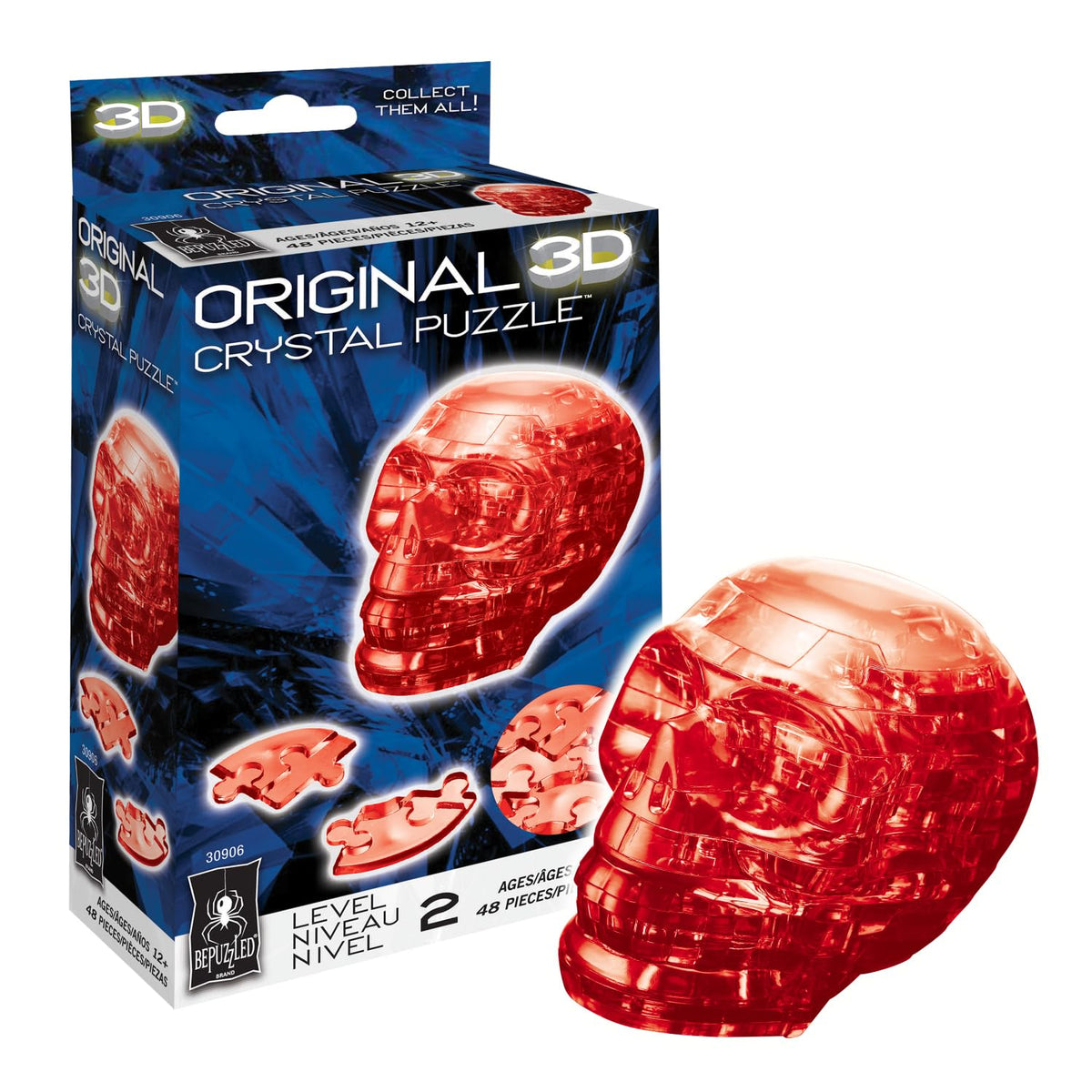 BePuzzled Original 3D Crystal Jigsaw Puzzle - Skull DIY Assembly Brain Teaser, Fun Model Toy Gift Decoration for Adults & Kids Age 12 and Up, Red, 48 Pieces (Level 2)