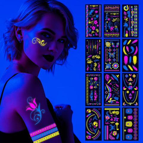 12 Sheet Glow In The Dark Temporary Tattoos Party Supplies Uv Neon Tattoo Stickers Face Body Luminous Temporary Makeup Rave Festival Accessory Blacklight Temporary Tattoos For Adults Woman Man Kids