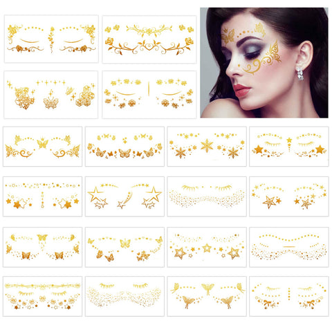 Konsait 20 Sheets Face Tattoos, Gold Star Butterfly Flowers Fake Face Tattoos, Metallic Temporary Tattoos for Women Girls, Temporary Face Tattoos for Parties Makeup Festival Accessories