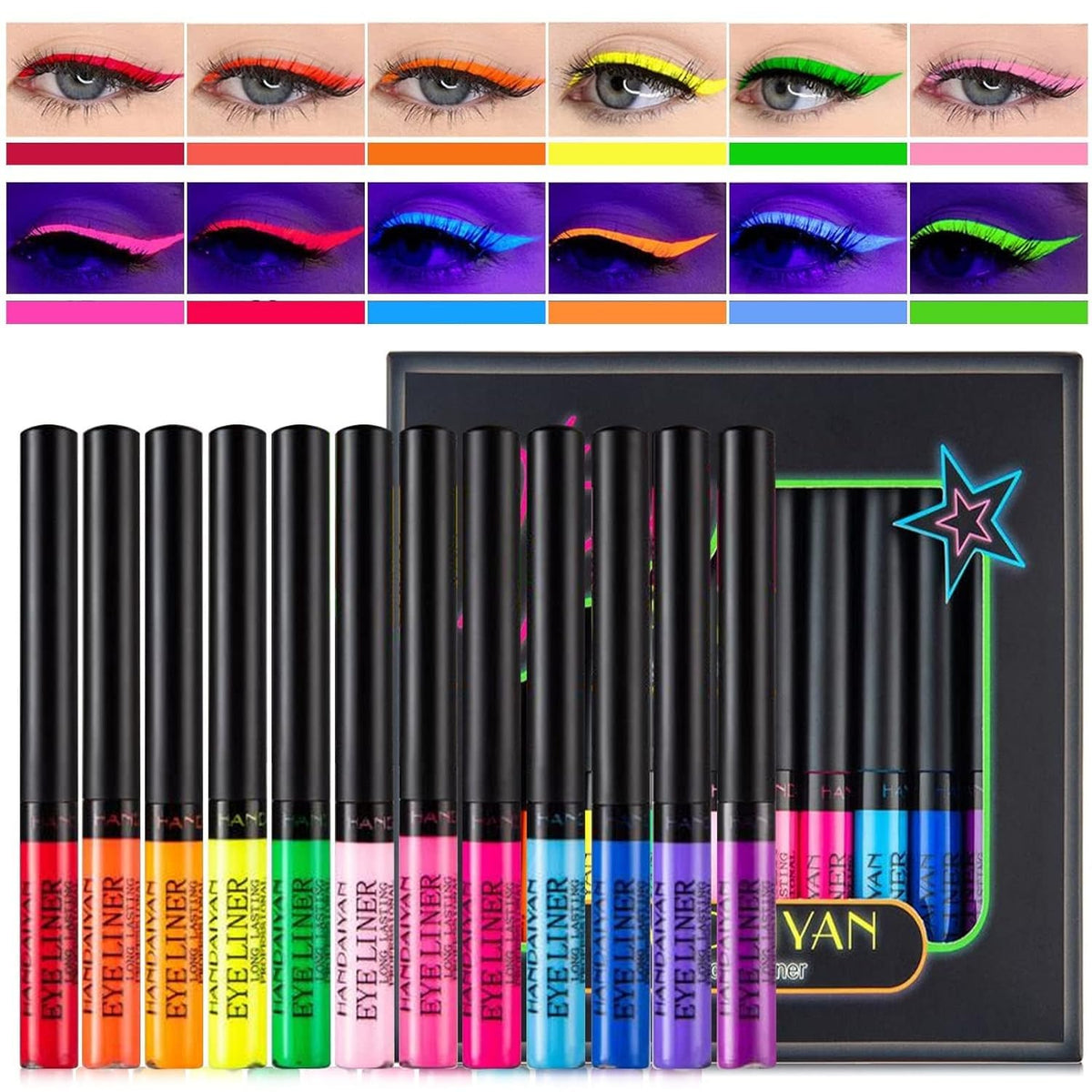 MAEPEOR 12 Color Matte Liquid Eyeliner Set UV Glow Neon Eye Liner Pen Waterproof Smudgeproof Long Lasting Eyeliner Eye Makeup Gift Kit for Women and Girls (Set 03)