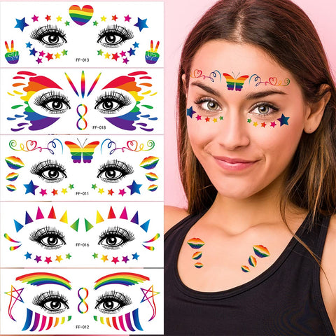 Gay Pride Day Face Temporary Tattoo Sticker 10 Designs Rainbow Stripes Flag Heart Star Butterfly Pattern Stickers LGBT Flash Body Art Temporary Tattoos for Women Men Gay Pride Day Parades Party Favors