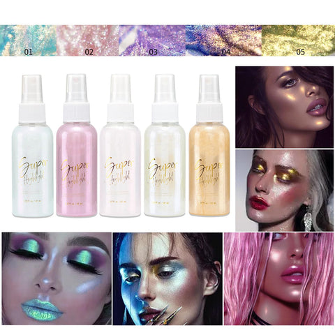 Melemando Body Glitter Spray 5 Colors Quick Dry Face Liquid Glitter Gel Spray Ultra Sparkle Glitter Body Glow High Gloss Highlighter Makeup for Hair Face Neck Eyes (60ml, Color 02)