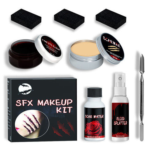 CAHIUYOA Halloween SFX Makeup Kit,Fake Wound Special Effects Makeup Kit,Scars Wax,Fake Blood Gel,Fake Blood Spray,Spatula, Stipple Sponge,Scar Water