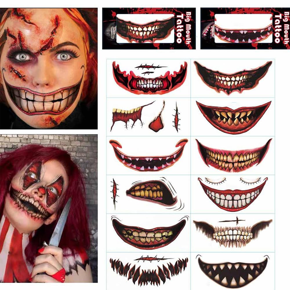 Halloween Smile Mouth Tattoo Stickers Clown Horror Mouth Temporary Tattoos 12 Sheets Scary Face Decals Prank Makeup Temporary Tattoo For Kids Girls Boys Adults Cosplay Groovy Party Decorations