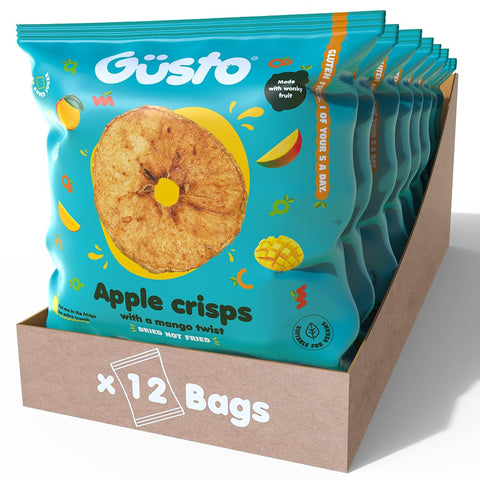 GUSTO - Crunchy Apple Crisps with Mango Juice, Vegan, Gluten Free & Vegetarian Crisp, Healthy Snack box, Kids Lunchbox Snacks, Dried Fruit Chips for Baking, Yoghurt, Porridge Oats, Smoothie - 20gx12