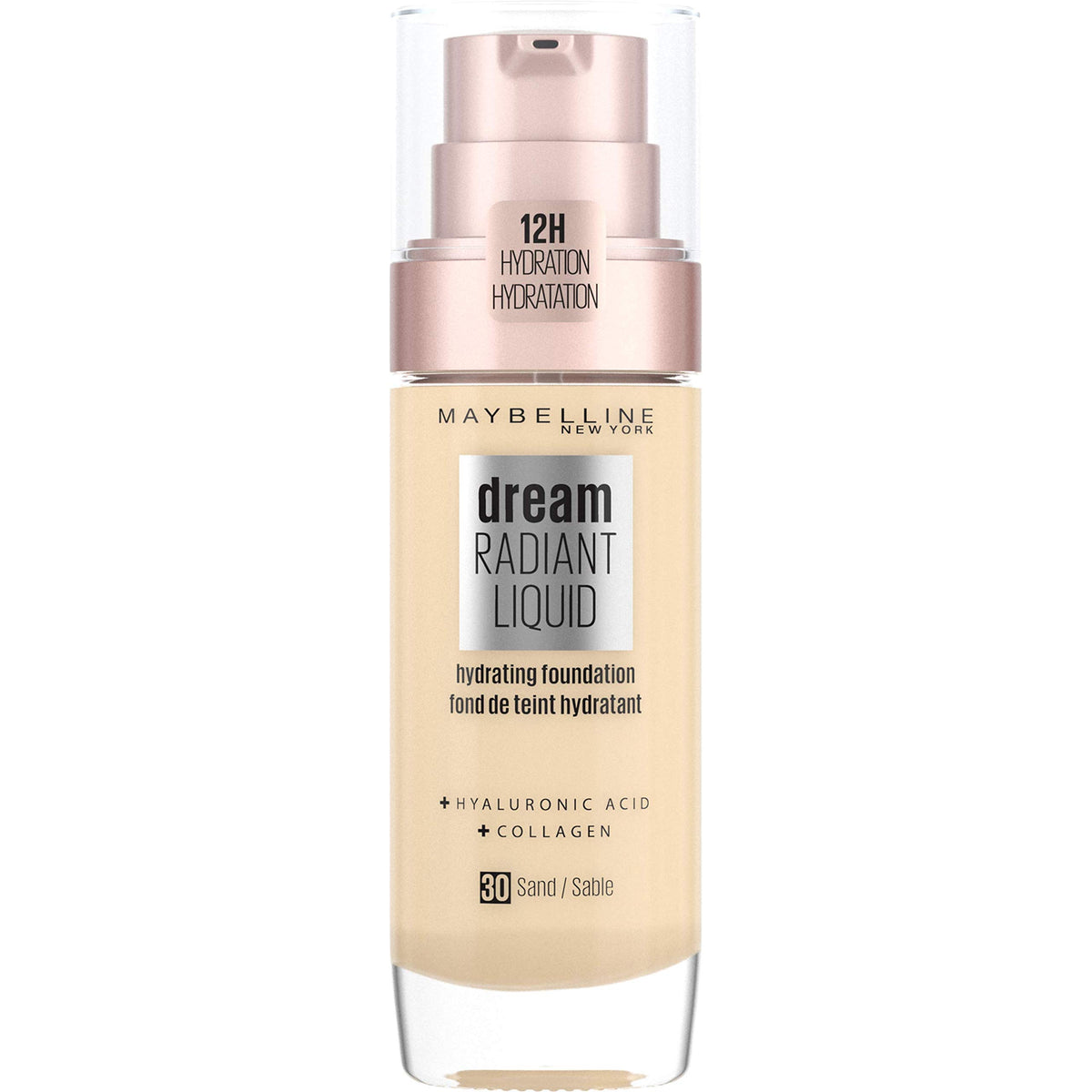 Maybelline Foundation, Dream Radiant Liquid Hydrating Foundation with Hyaluronic Acid and Collagen - Lightweight, Medium Coverage Up to 12 Hour Hydration - 30 Sand