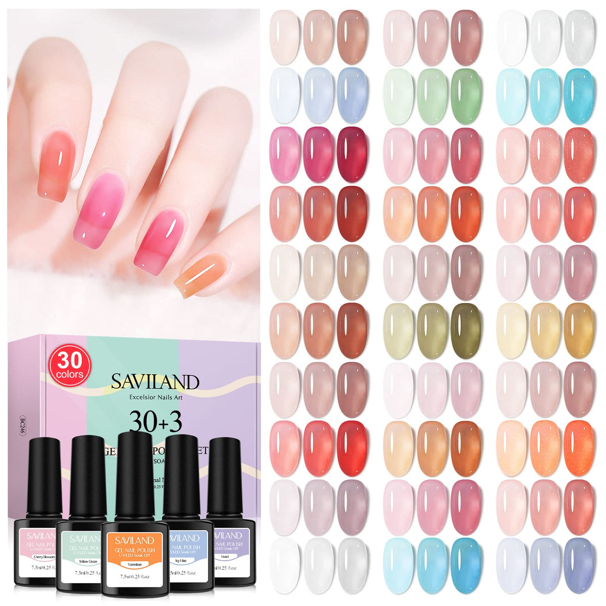 SAVILAND Jelly Gel Nail Polish Set, 30 Colors Translucent Nude Pink Transparent Nail Polish Set with 180 Sheer/Matte/Glossy Effects for Nail Salon DIY Home Christmas Holiday Gift Set