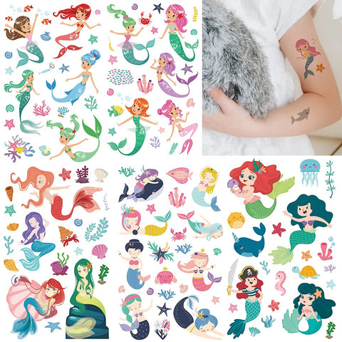 Temporary Tattoo for Kids, Waterproof Body Art Stickers, 100pcs Fake Tattoos Pattern, Cute Cartoon Tattoo Decorations, Birthday Party Favor Supplies Gift for Boys Girls Children Toddler Teens Mermaid