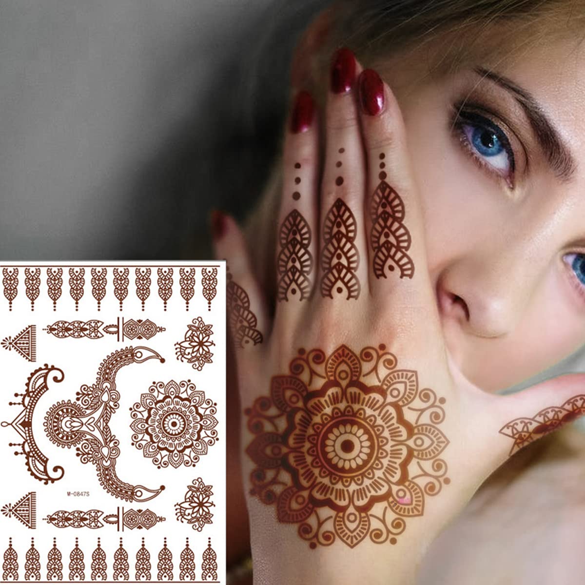 Brown Henna Temporary Tattoo Semi Permanent Fake Tattoos Mandala Flowers Lace Tattoo Stickers Waterproof Tattoo Markers Wedding Party Festival Tattoos Decorations Face Body Tattoo Supplies Set 6PCS