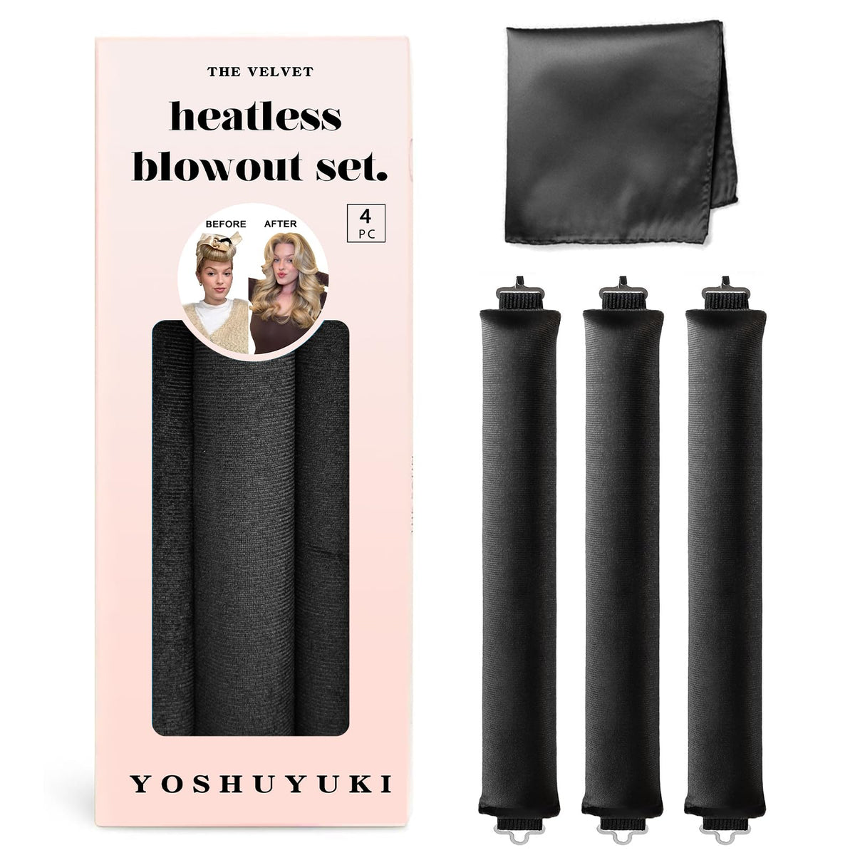 Overnight Heatless Curls Blowout Set - Jumbo Black Silk Hair Wrap Rollers for Long Hair, No Heat Curling Headband